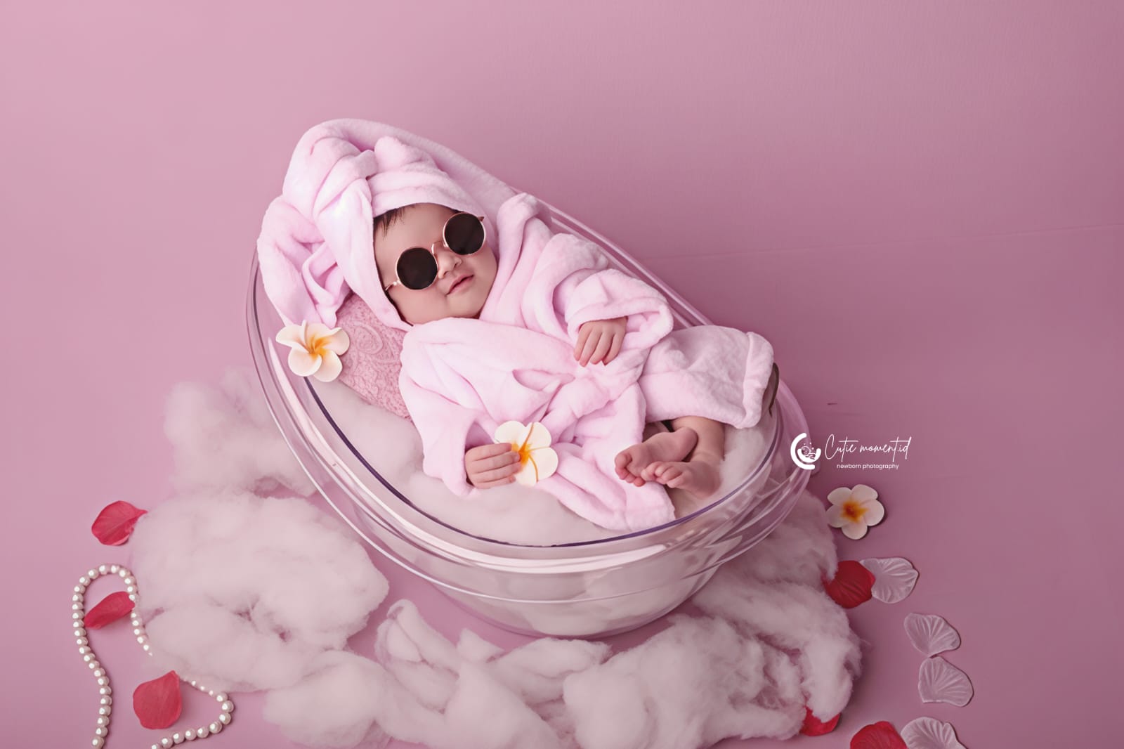Foto bayi baru lahir dengan tema spa mengenakan jubah mandi pink